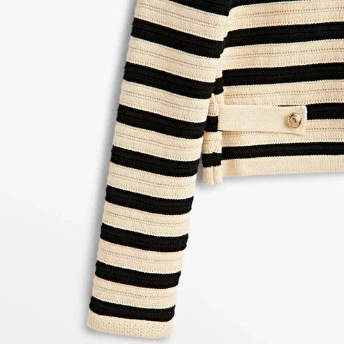 Women's striped button-up cardigan with round neckline, crafted from soft cotton blend for comfort and everyday wear.