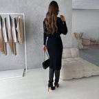 Cozy women's sweater and skirt set featuring a high neck, crafted from soft knit fabric for warmth and comfort.