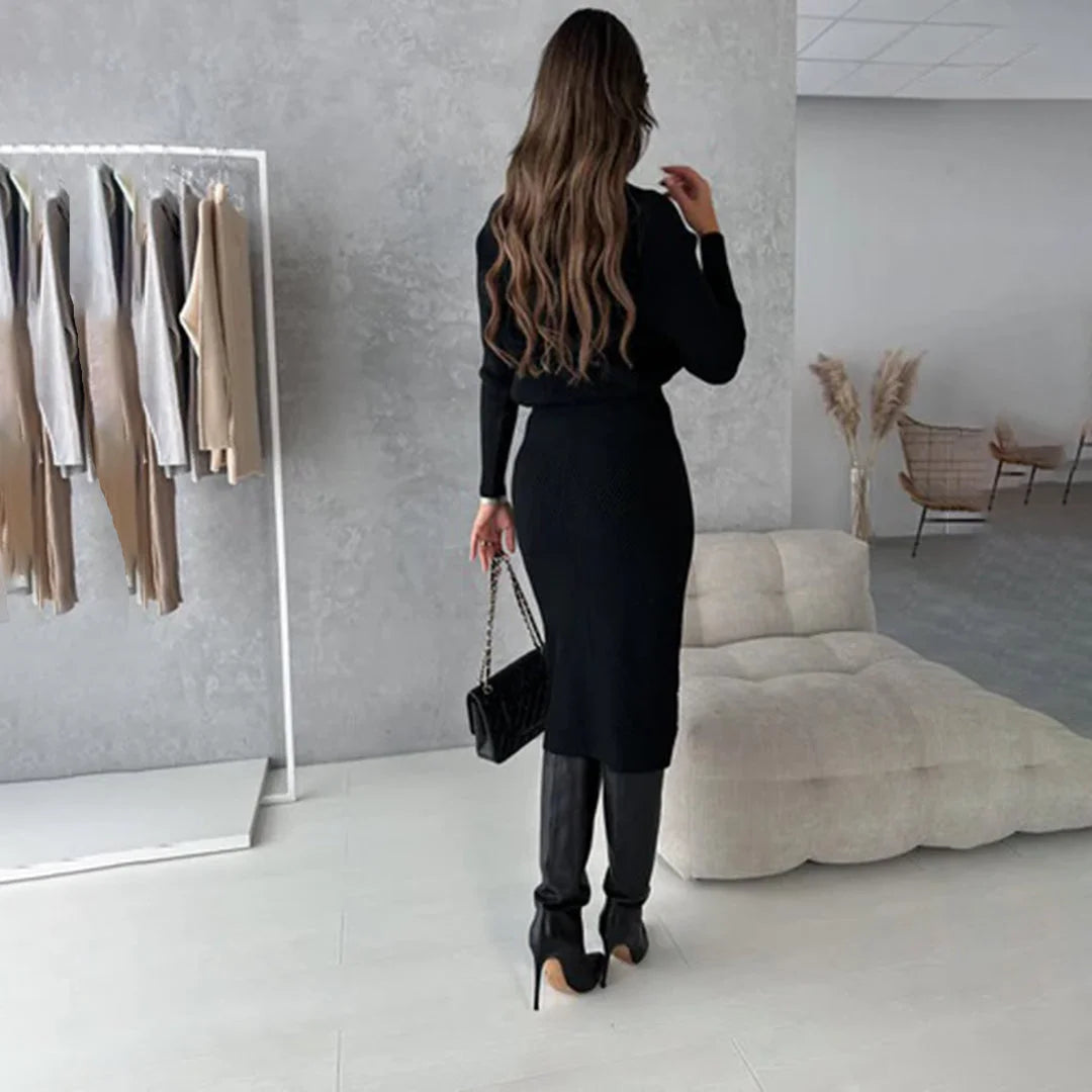 Cozy women's sweater and skirt set featuring a high neck, crafted from soft knit fabric for warmth and comfort.