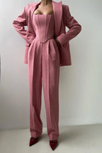Women’s tailored three-piece set featuring a fitted top, made of soft cotton blend with structured design and subtle…