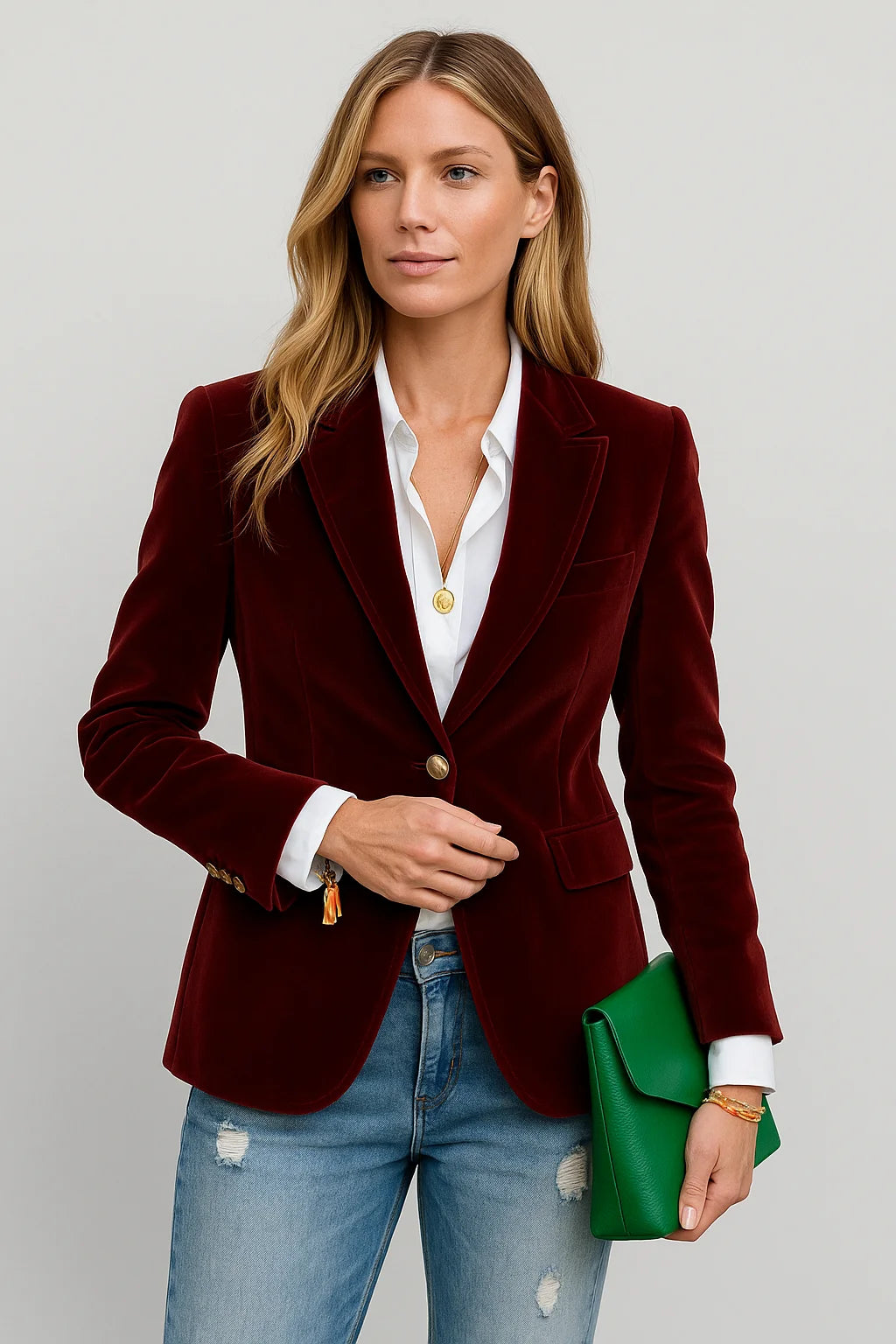 Women's tailored velvet blazer featuring a single button closure, soft texture, and a sleek, fitted design for a polished…