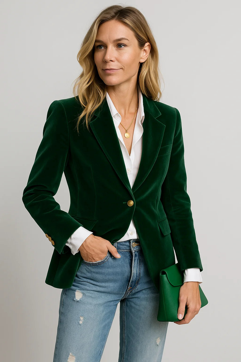 Women's tailored velvet blazer in rich fabric, featuring a single button closure and a structured fit for a polished look.