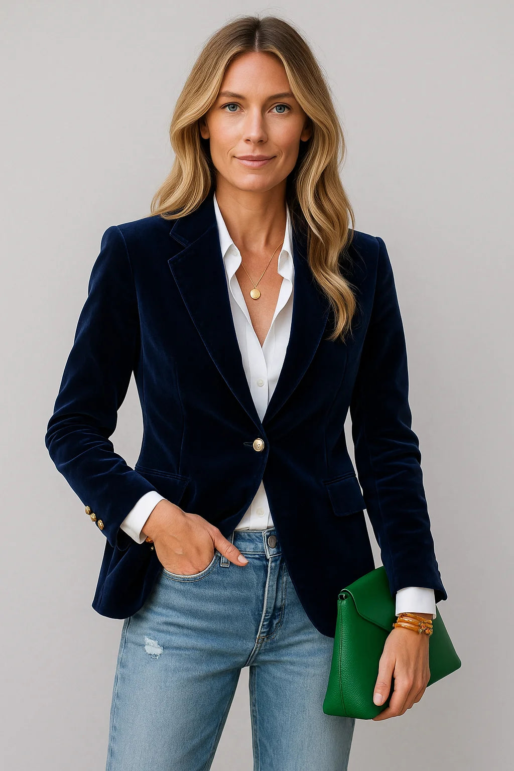 Women's tailored velvet blazer, single button closure, soft textured fabric, elegant design, perfect for chic layering.