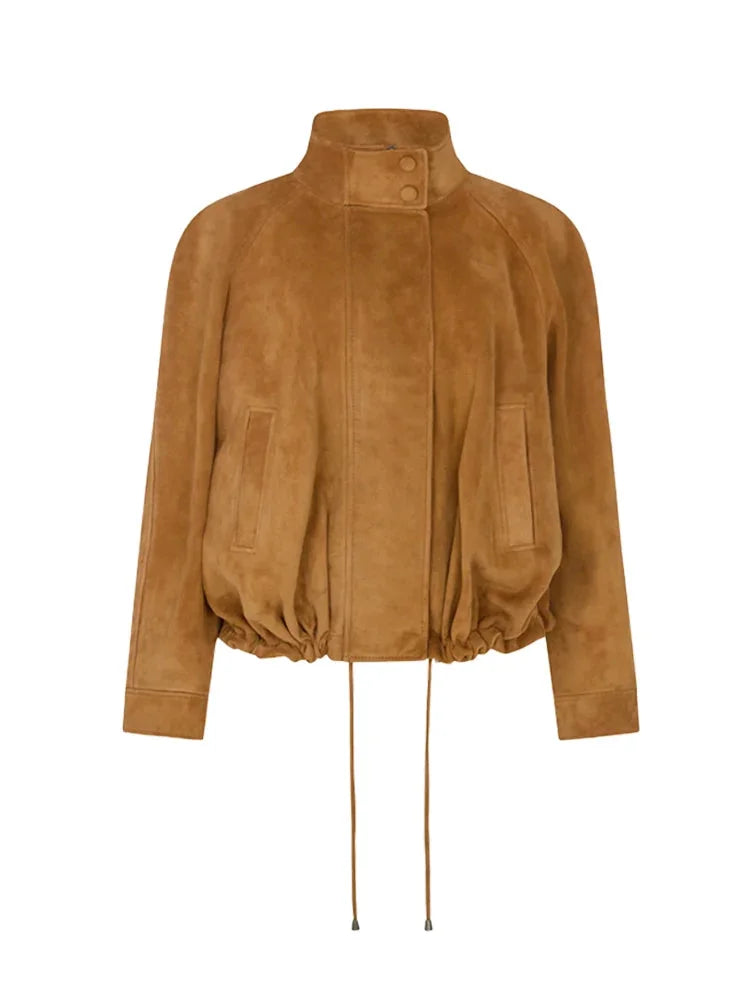Women's tan standneck jacket with zipper, long sleeves, made from soft cotton blend for comfort and warmth.