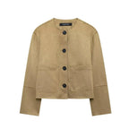 Women's tan suede long sleeve button-up jacket with a classic design and front pockets for added functionality.