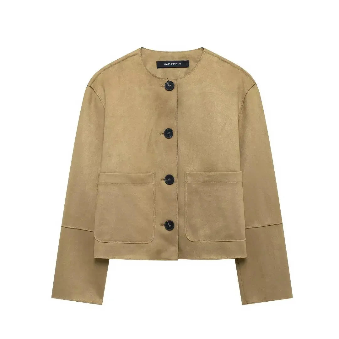 Women's tan suede long sleeve button-up jacket with a classic design and front pockets for added functionality.