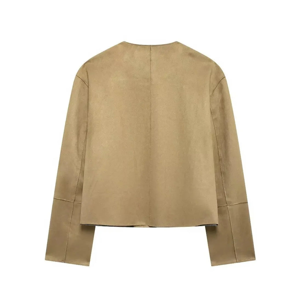 Women's tan suede long sleeve button-up jacket featuring a classic design with a soft texture and versatile style.