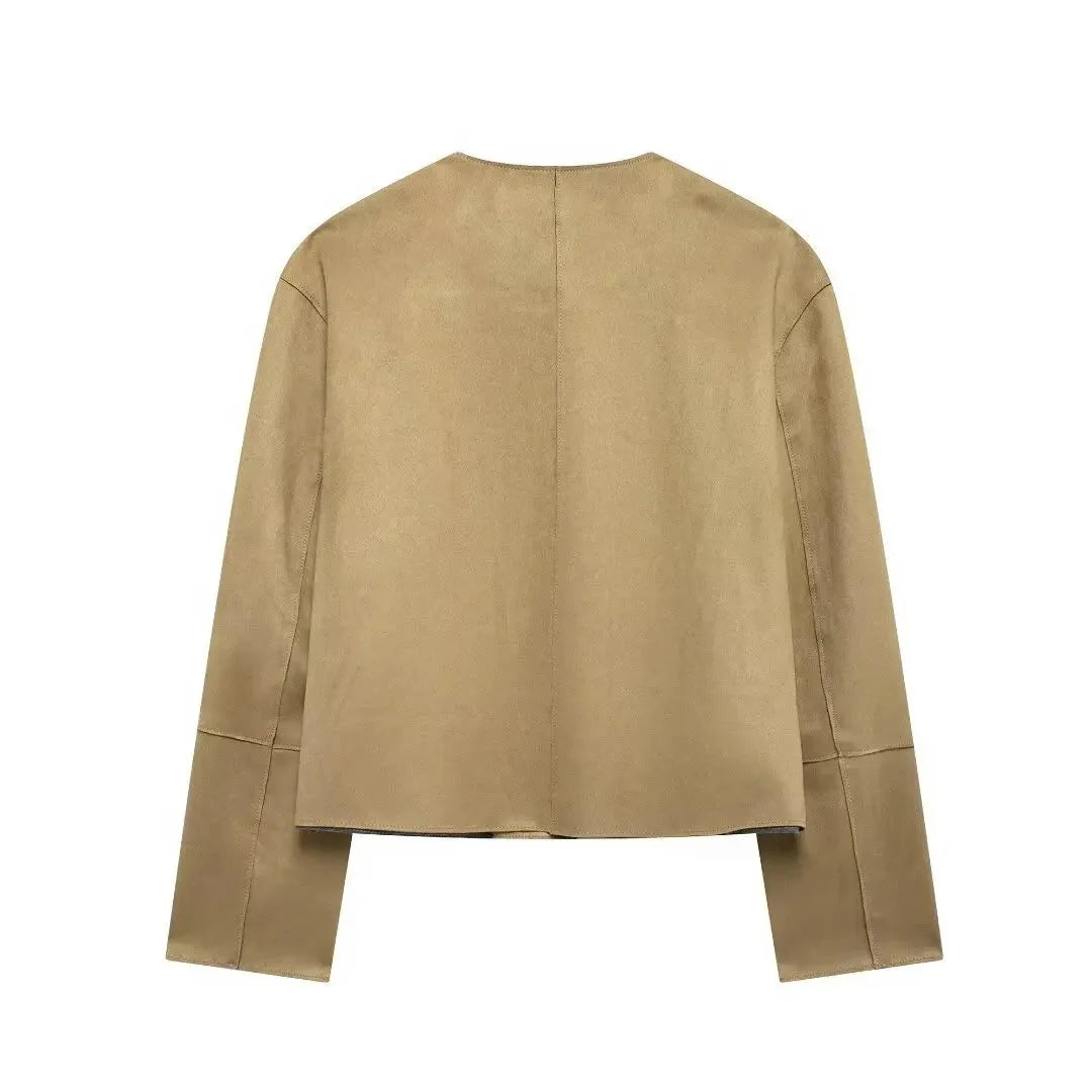 Women's tan suede long sleeve button-up jacket featuring a classic design with a soft texture and versatile style.