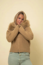 Women's taupe pullover sweater with a faux fur collar, crafted from soft fabric for comfort and style in cool weather.