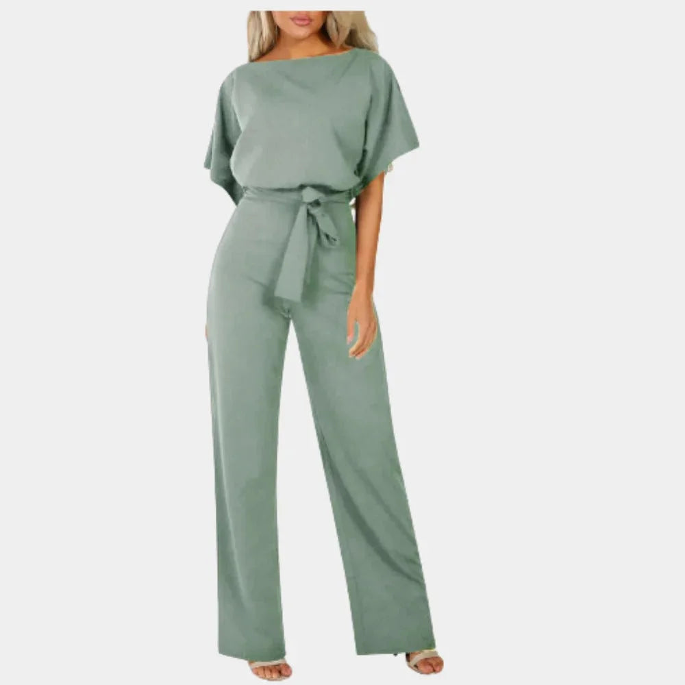 Women's wide-leg jumpsuit with kimono sleeves, features a tie-waist, made from soft, breathable fabric for comfort.