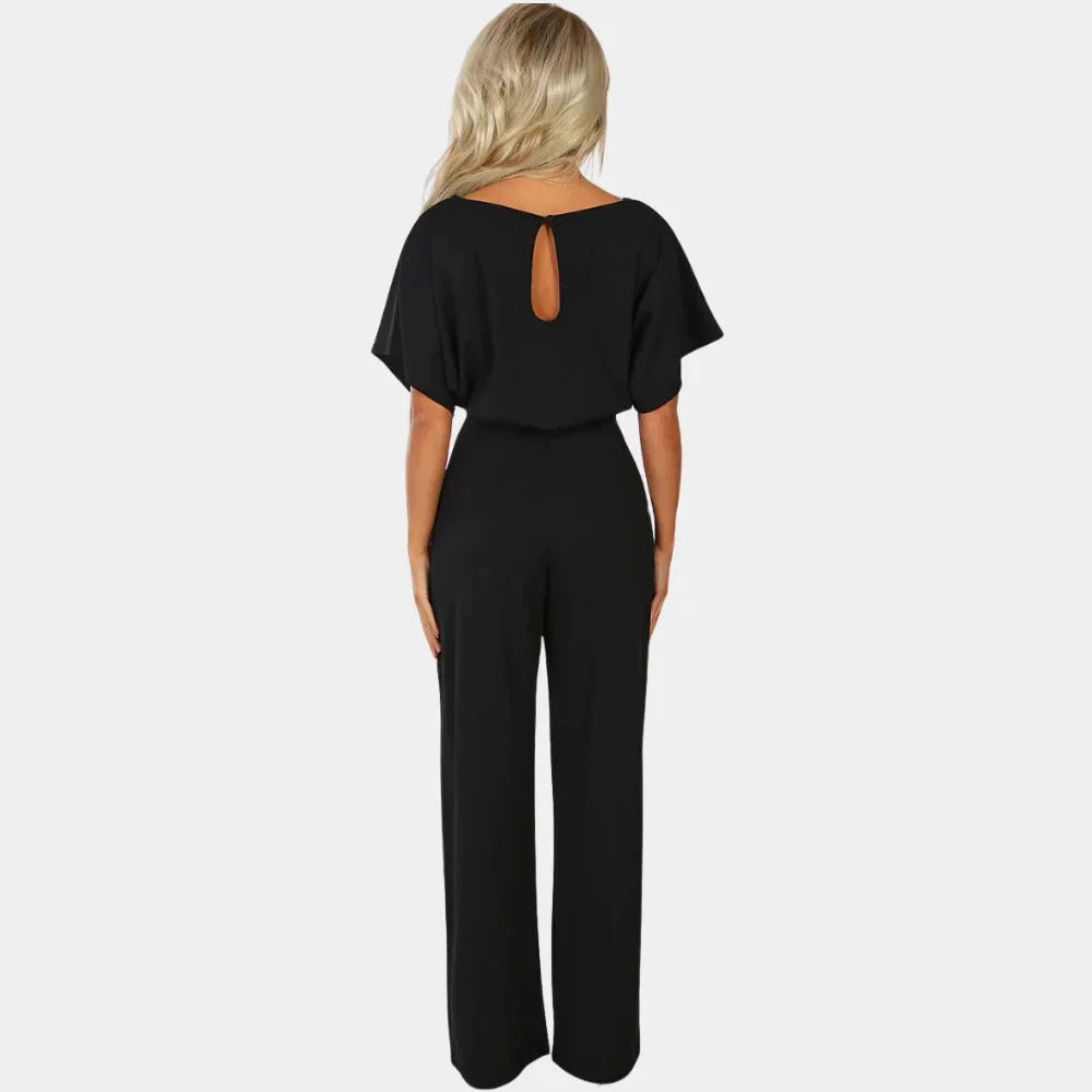 Women's tie-waist wide-leg jumpsuit in soft cotton, featuring kimono sleeves and a flattering silhouette for casual wear.