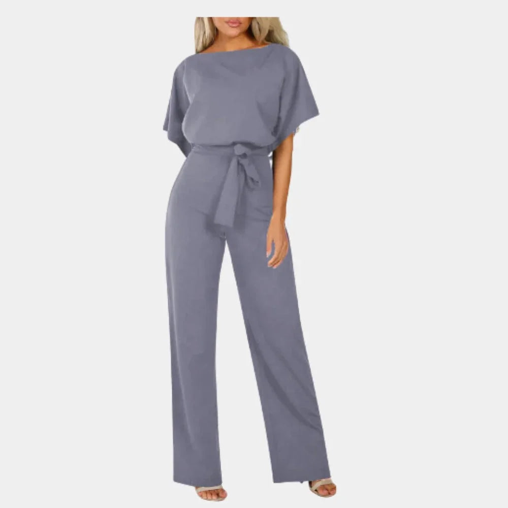 Lightweight women's tie-waist wide-leg jumpsuit featuring breathable fabric and elegant kimono sleeves for a relaxed fit.