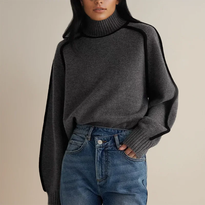 Women's turtleneck knit sweater featuring contrast trim, made from soft, breathable fabric for comfort and style.