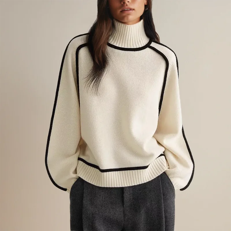 Women's turtleneck knit sweater featuring contrast trim, made from soft, breathable fabric for comfort in cooler weather.