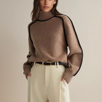 Women's turtleneck knit sweater featuring soft fabric and contrasting trim for a stylish look and comfortable fit.