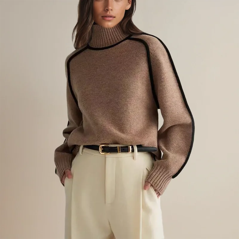 Women's turtleneck knit sweater featuring soft fabric and contrasting trim for a stylish look and comfortable fit.