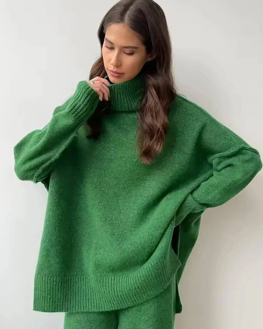 Women's relaxed fit turtleneck loungewear set in soft cotton blend, featuring long sleeves and elastic waistband pants.