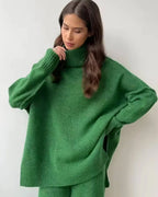 Women's relaxed fit turtleneck loungewear set in soft cotton blend, featuring long sleeves and elastic waistband pants.