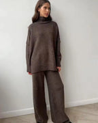 Women's relaxed fit turtleneck loungewear set made from soft cotton blend for comfort and ease during casual wear.