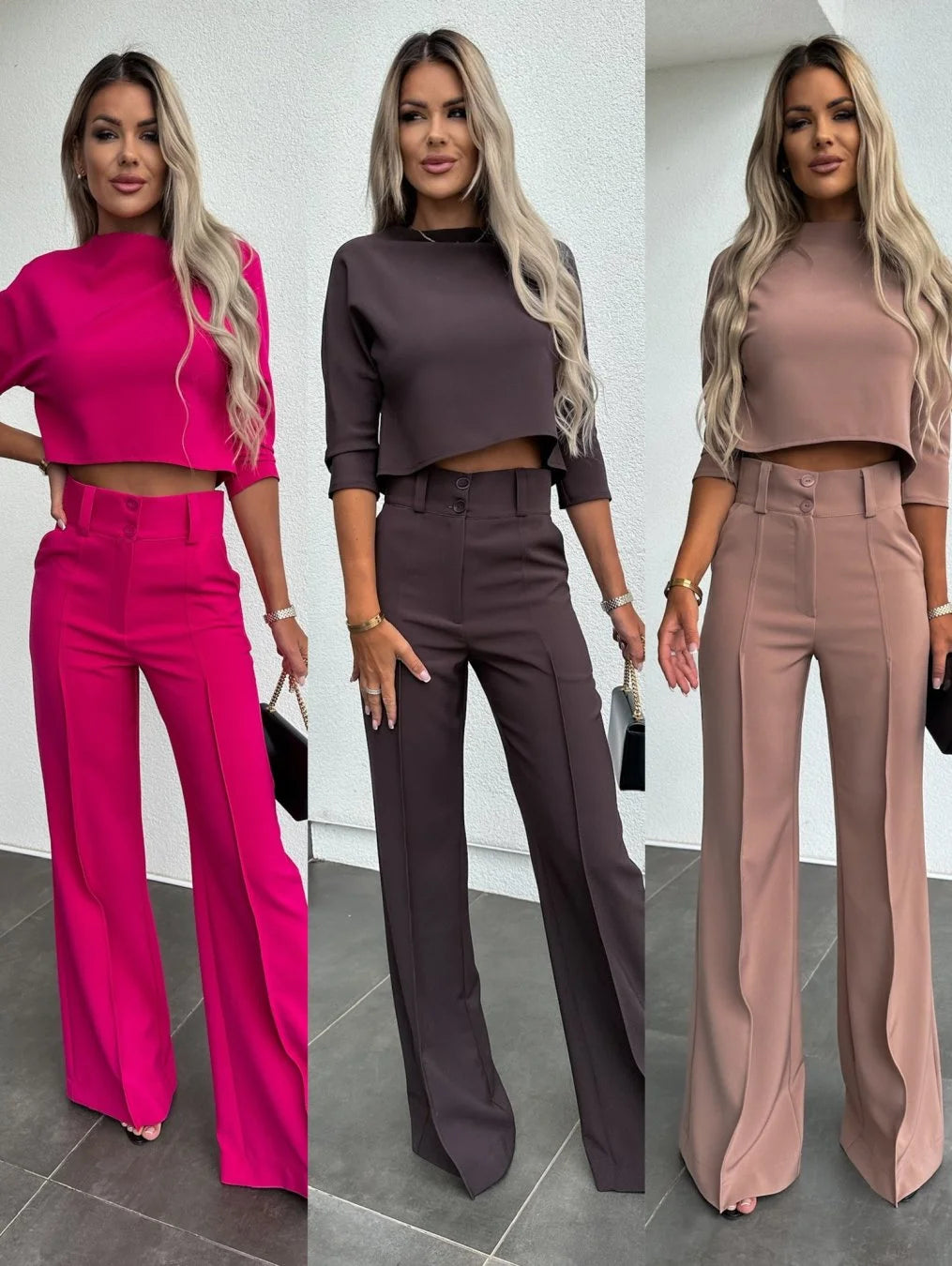 Women's two-piece set featuring high-waist pants and a cropped top made of soft cotton with a relaxed fit and stylish design.