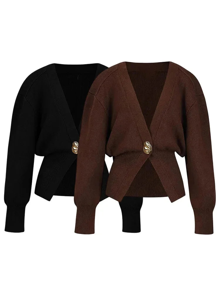 Women's V-Neck Cardigan in soft knit with unique button trim, featuring a relaxed fit and versatile design for everyday wear.