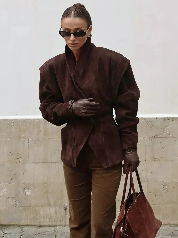 Women’s V-neck long sleeve jacket with single button closure, crafted from soft fabric for a tailored, stylish look.