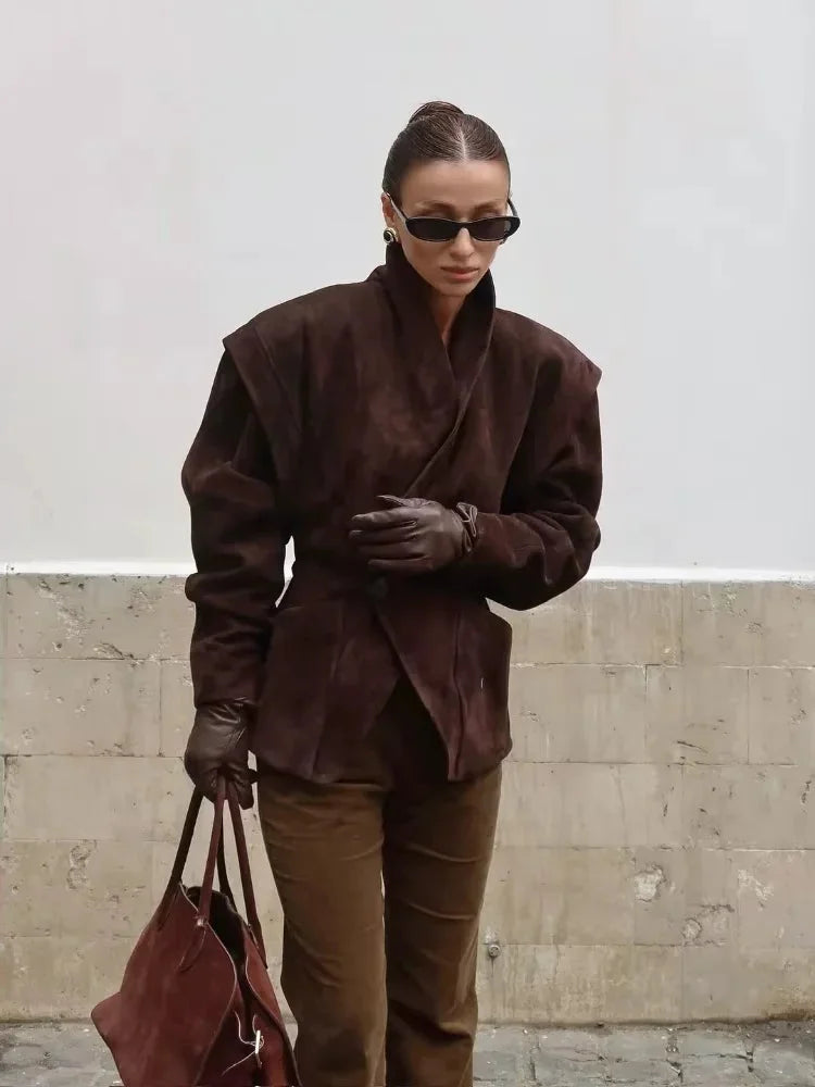Women's V neck long sleeve jacket with a single button closure, crafted from soft fabric for a tailored fit and versatility.