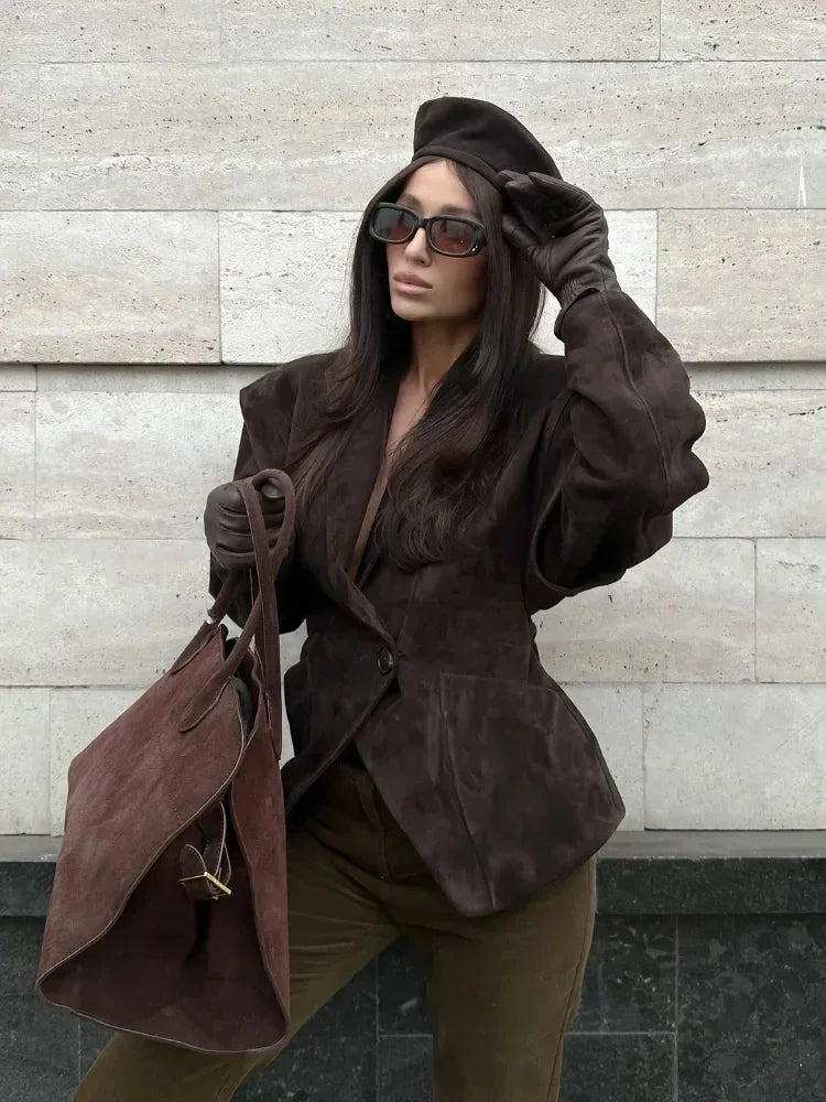 Women's V Neck Long Sleeve Jacket with single button closure, made of soft fabric featuring a tailored fit and sleek design.