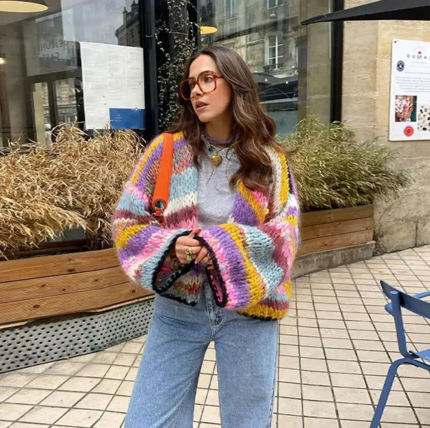 Women's striped cardigan with wide sleeves, made from soft cotton blend, featuring colorful stripes and relaxed fit for…
