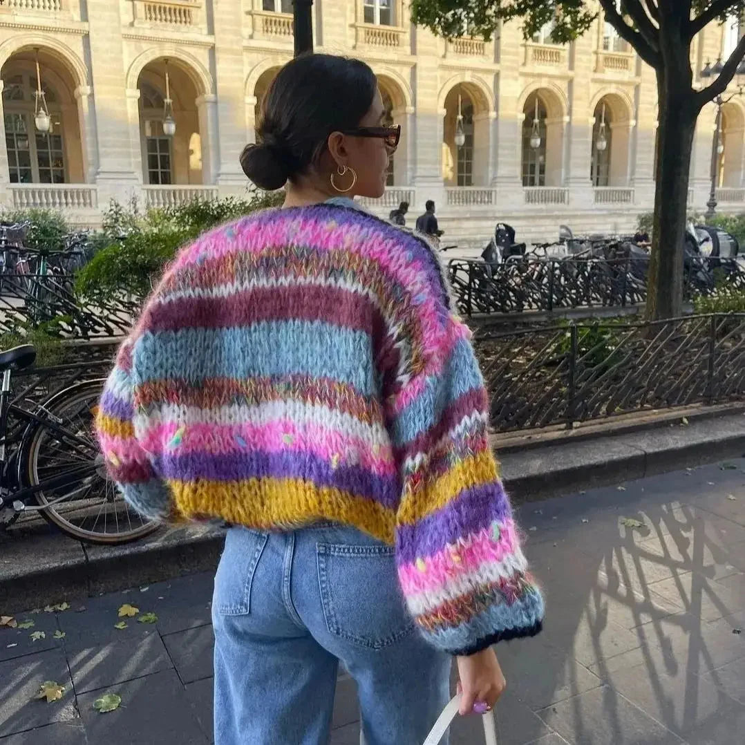 Women's striped cardigan featuring wide sleeves, crafted from soft knit fabric in bright colors for a cheerful look.