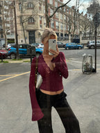 Women's wine lace V-neck top featuring delicate lace detailing and flare sleeves for a stylish and comfortable fit.