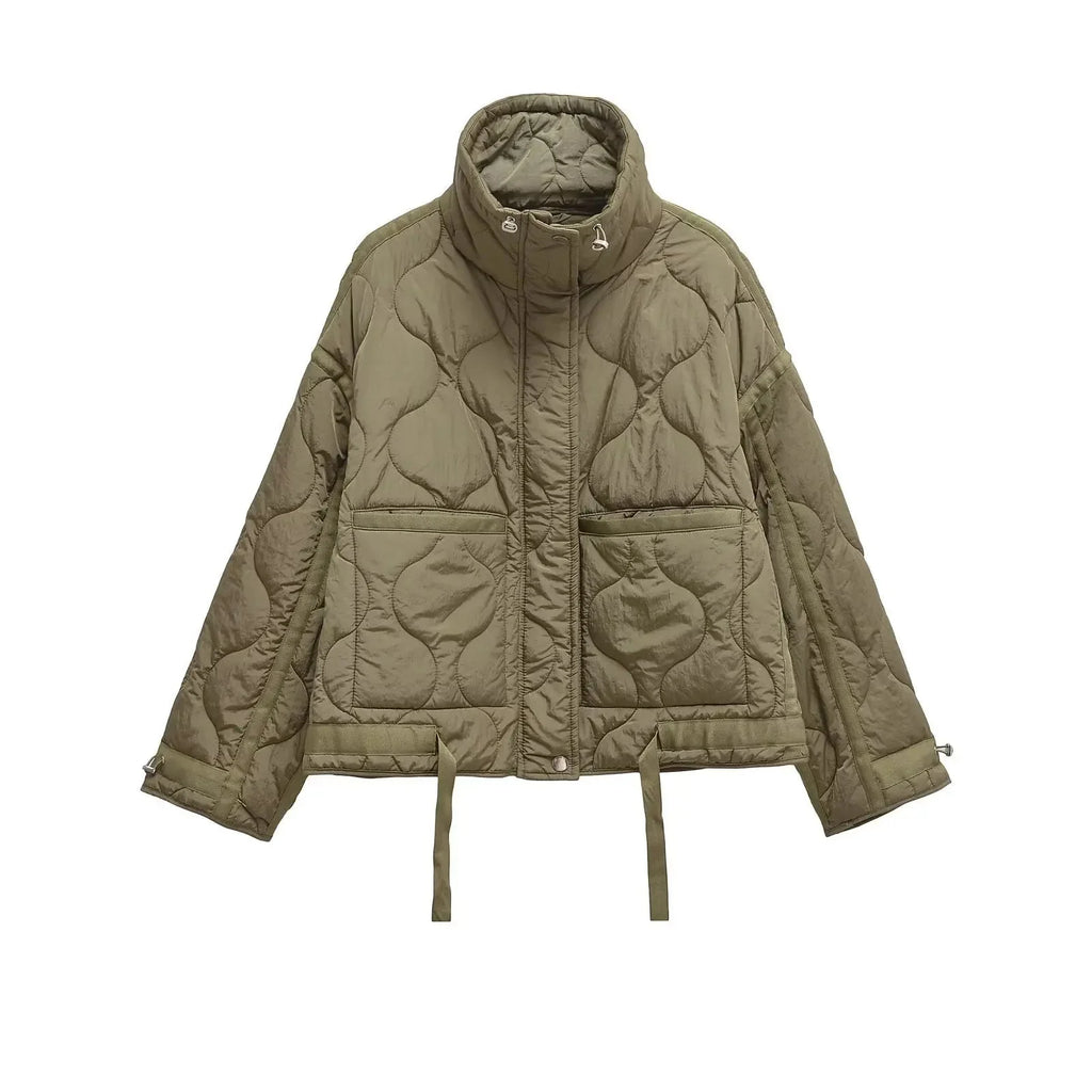 Women's winter high collar quilted jacket in a loose fit, featuring a warm, padded design and durable fabric for cold…