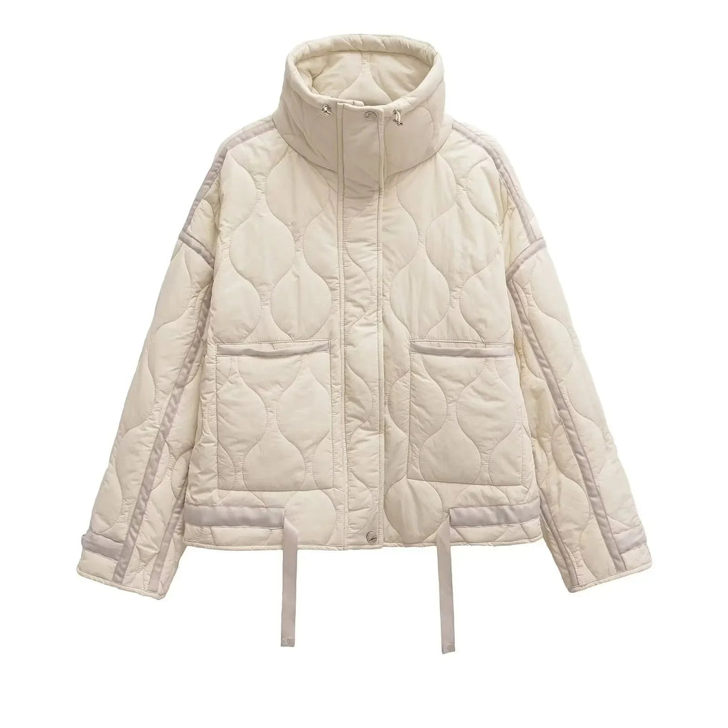 Women's winter high collar quilted jacket, loose fit design with warm insulation, featuring stylish stitching and practical…