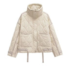 Women's winter high collar quilted jacket, loose fit design with warm insulation, featuring stylish stitching and practical…