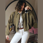 Women's zip-up bomber jacket in durable fabric, featuring long sleeves, a stylish lapel, and a relaxed fit for comfort.