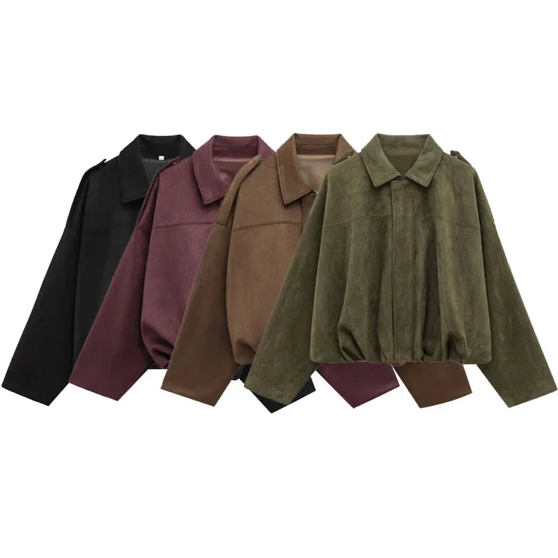 Women's zip-up bomber jacket featuring long sleeves, a stylish lapel, and durable fabric for comfort and versatility.