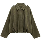Women's zip-up bomber jacket with long sleeves and a lapel, featuring a durable fabric and relaxed fit for casual wear.