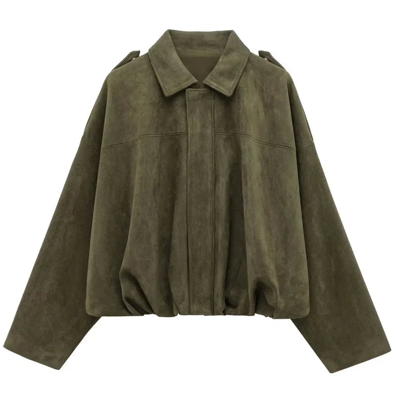 Women's zip-up bomber jacket with long sleeves and a lapel, featuring a durable fabric and relaxed fit for casual wear.