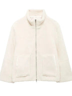 Women’s zip-up fleece jacket with stand collar, featuring soft polyester fabric and a cozy, warm design for comfort.