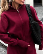 Women's knitted cotton loungewear set featuring a zipper front design for comfort and ease; ideal for relaxing at home.