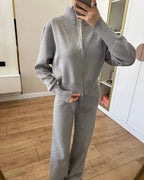 Women's cotton knitted loungewear set featuring a zipper front, ideal for comfort and casual wear at home.
